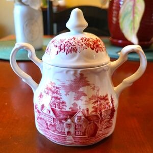 Vtg J&G  Meakin Sugar Bowl w Lid Romantic England Red Manor House Ironstone